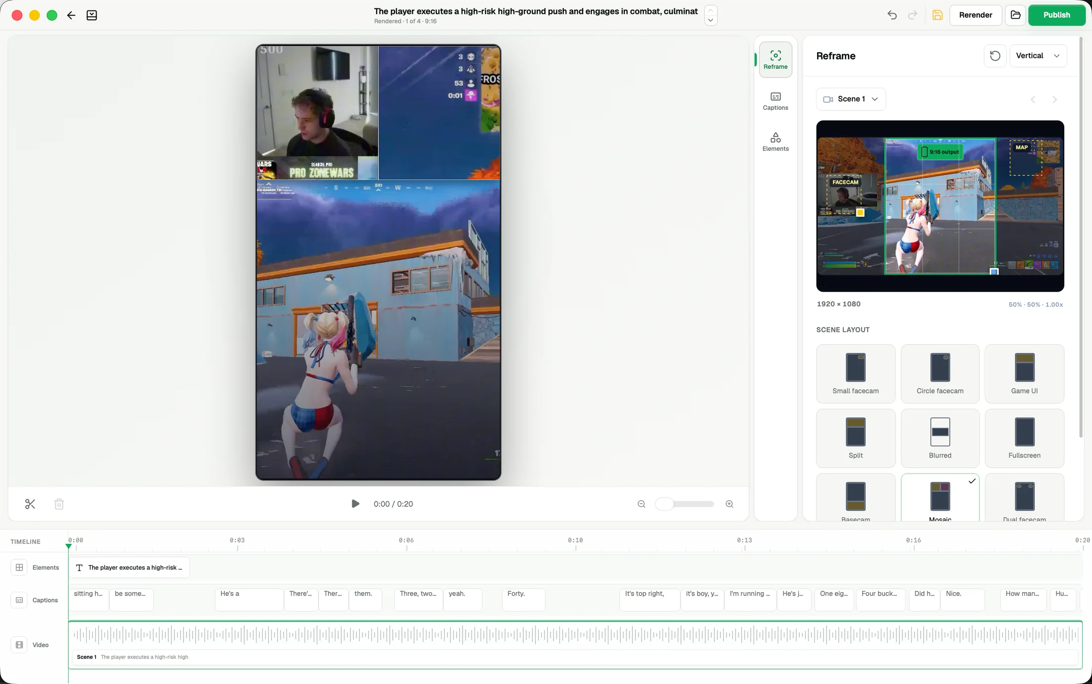 ZoneClip gameplay video editor with vertical preview, facecam and gameplay layouts, reframe controls, captions, and a multi-track timeline