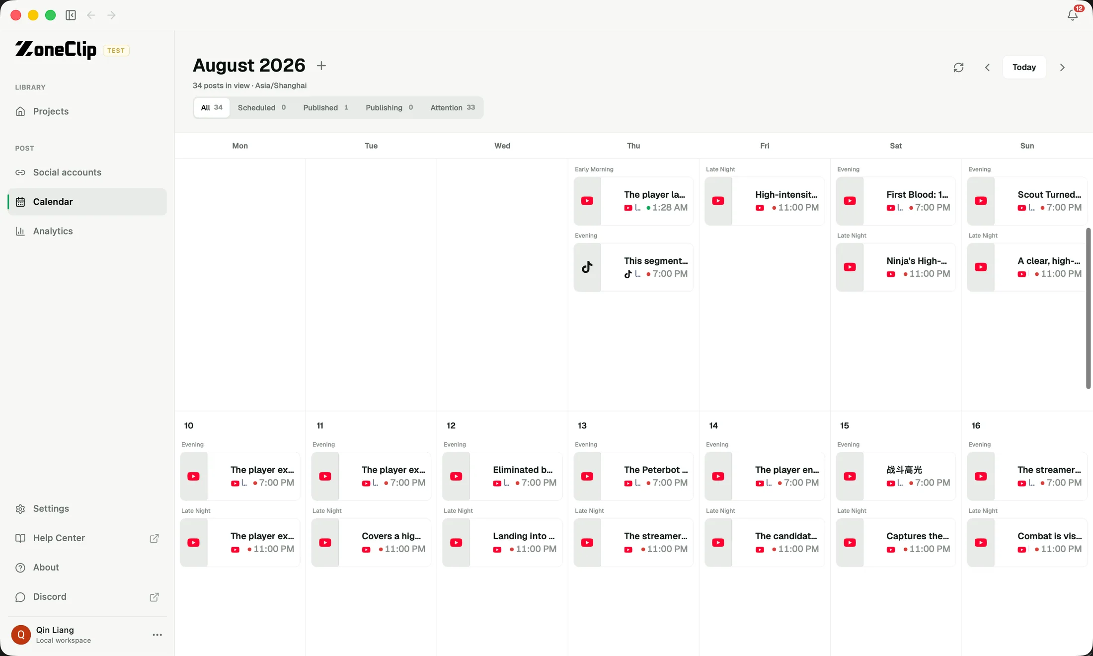 ZoneClip August 2026 publishing calendar with YouTube and TikTok gaming posts arranged across days and time slots